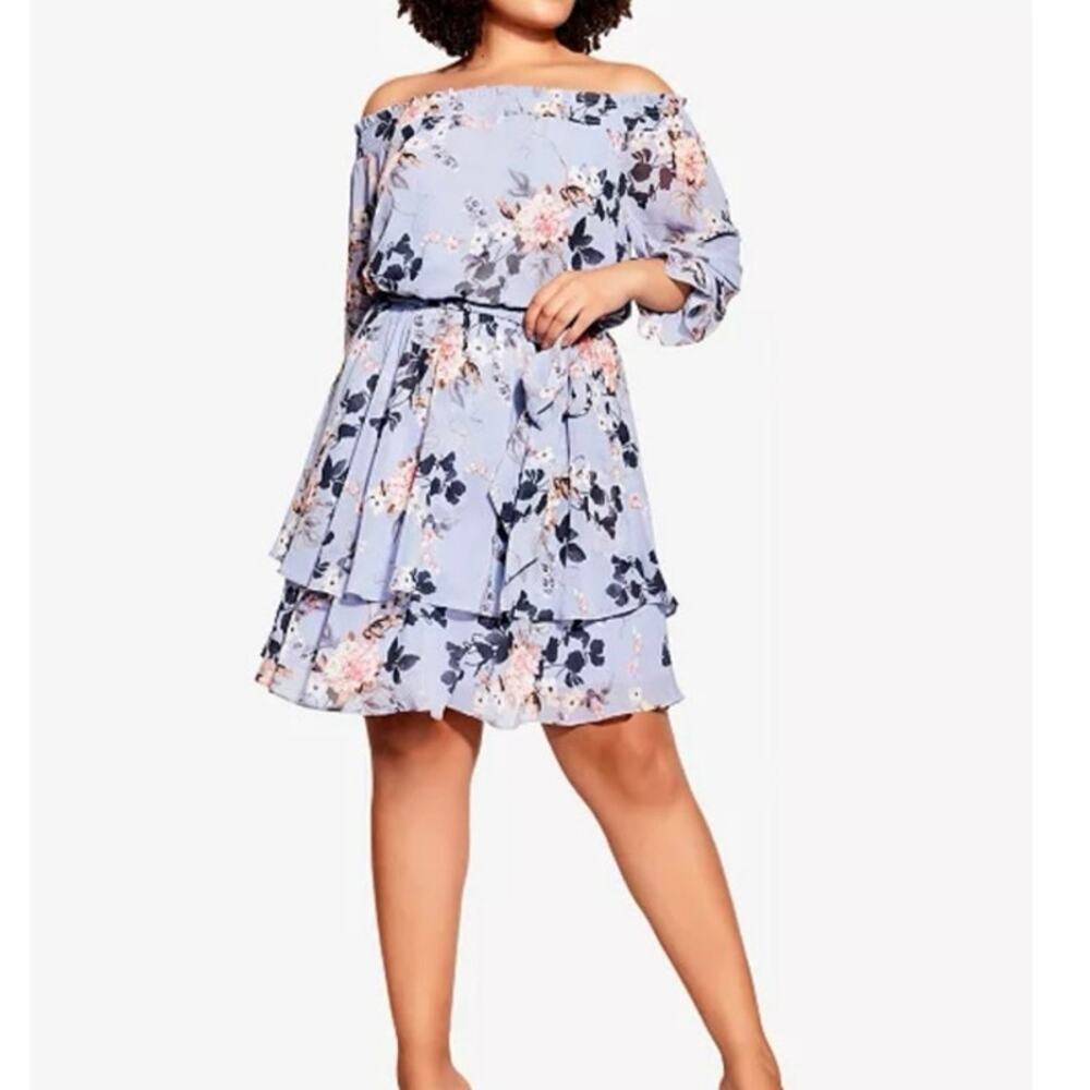 City Chic Odette Blue Floral Romantic Boho Off Shoulder Tiered Dress Size 20